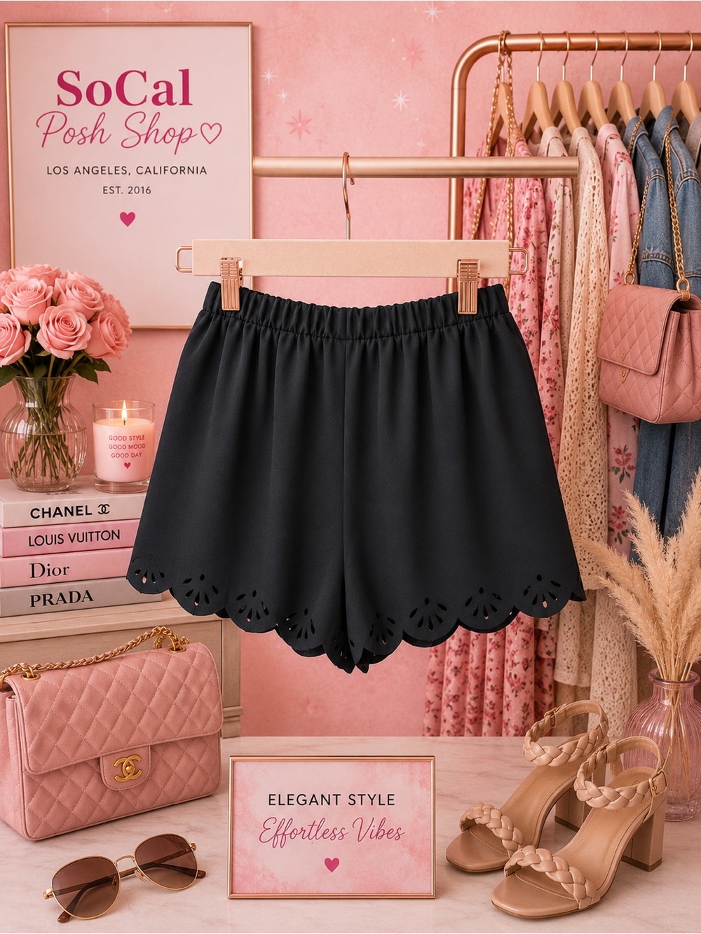 Super Soft Black Scallop Hem Women's Shorts Medium